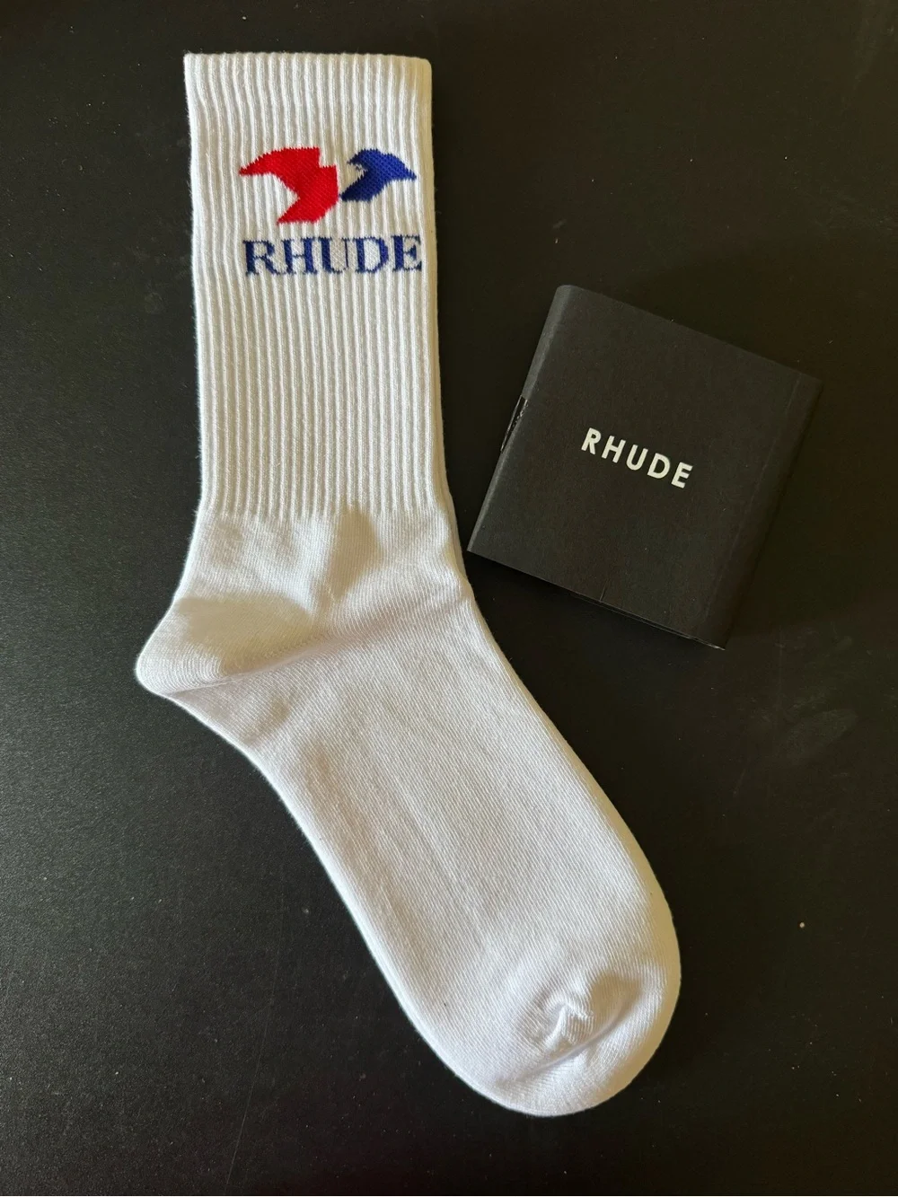Rhude EAGLE Red & Blue Logo Ribbed Socks - White